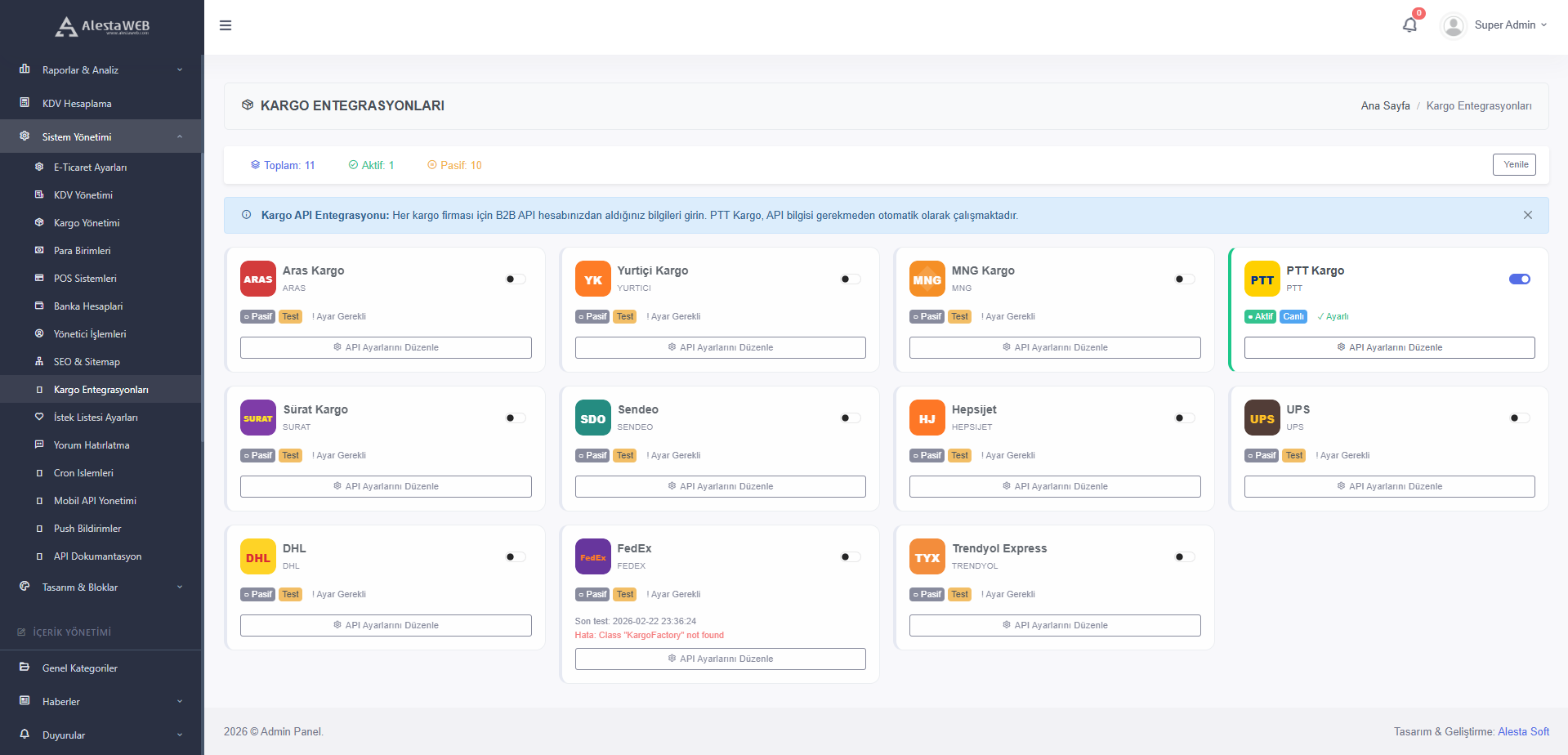 11 Kargo Entegrasyonu Ayarları paneli