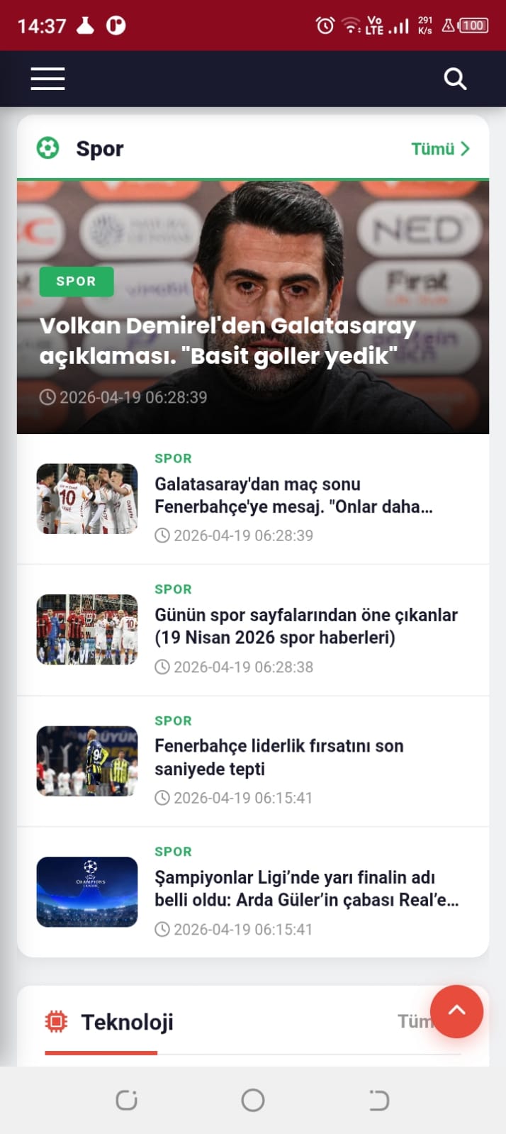 Haber uygulaması — Spor kategorisi