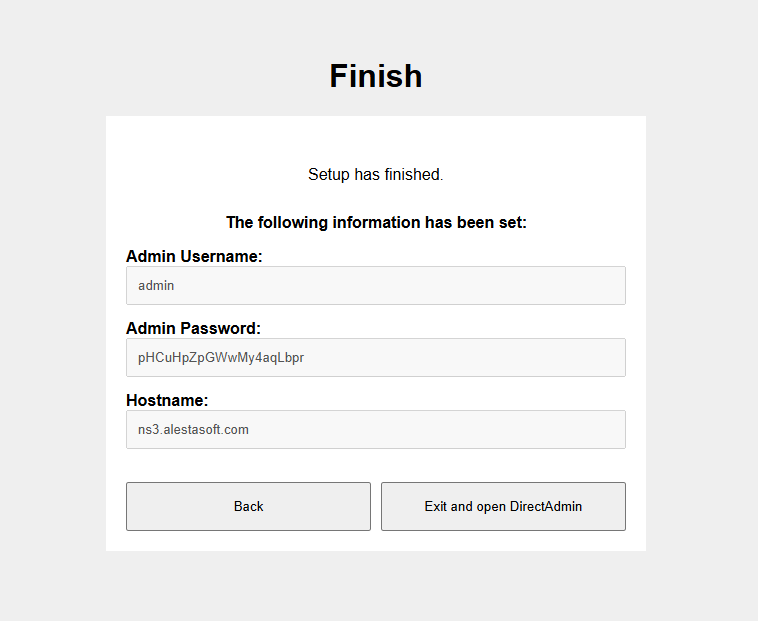 DirectAdmin Setup Finish