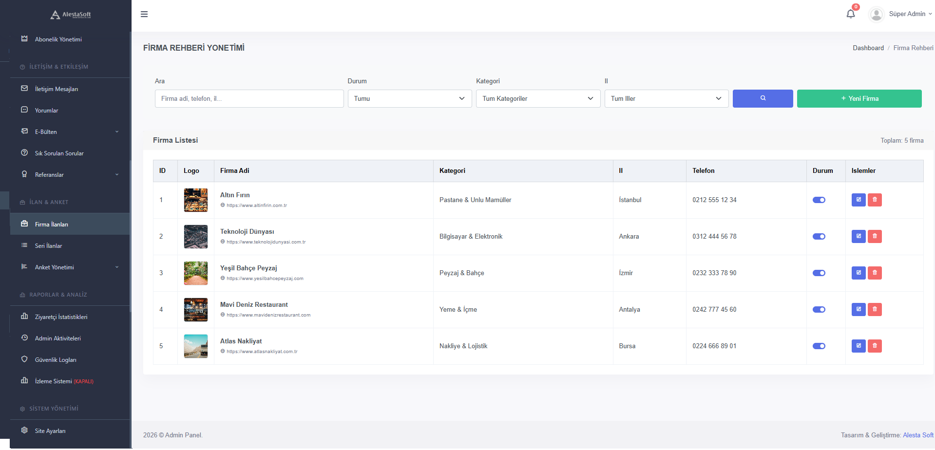 Firma Rehberi - işletme rehberi yönetim ekranı