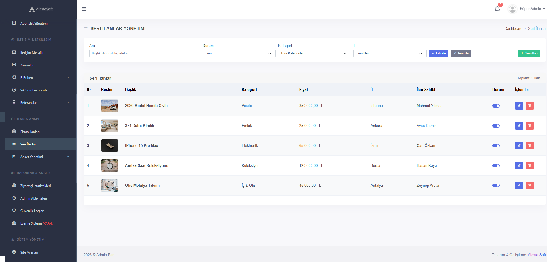 Seri İlanlar - ilan yönetim ekranı