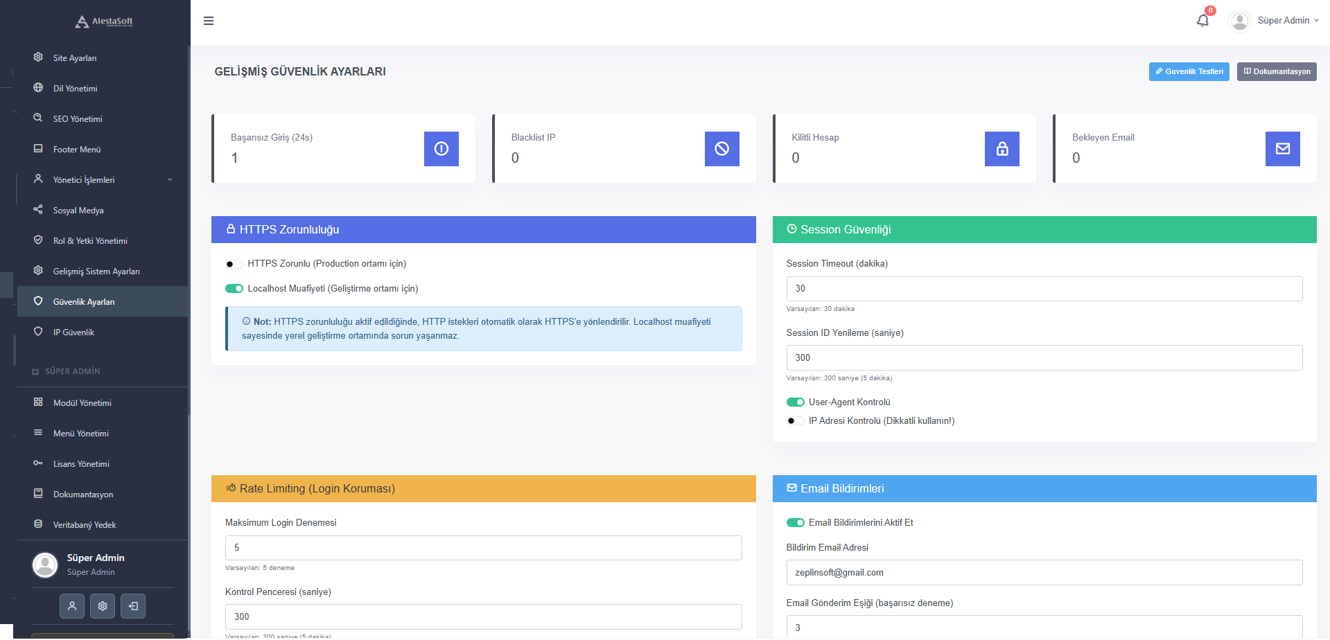 Güvenlik - güvenlik ayarları ve log ekranı