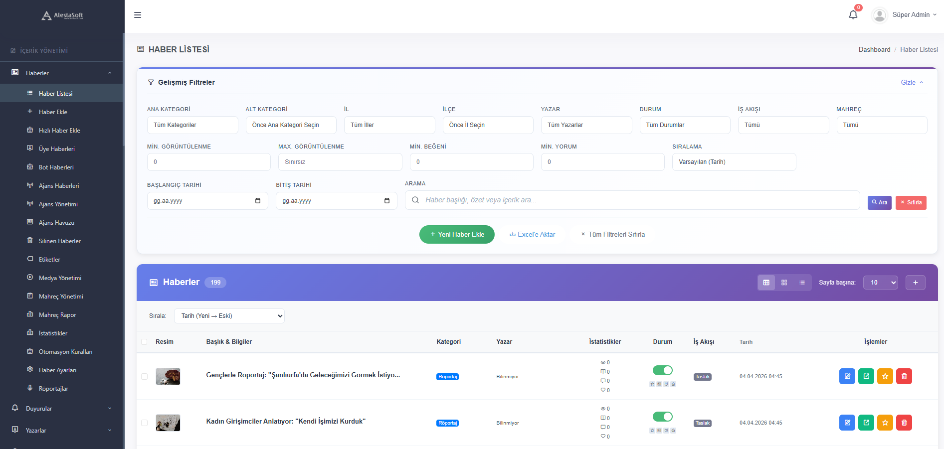 Haber Listesi - tüm haberlerin yönetim ekranı