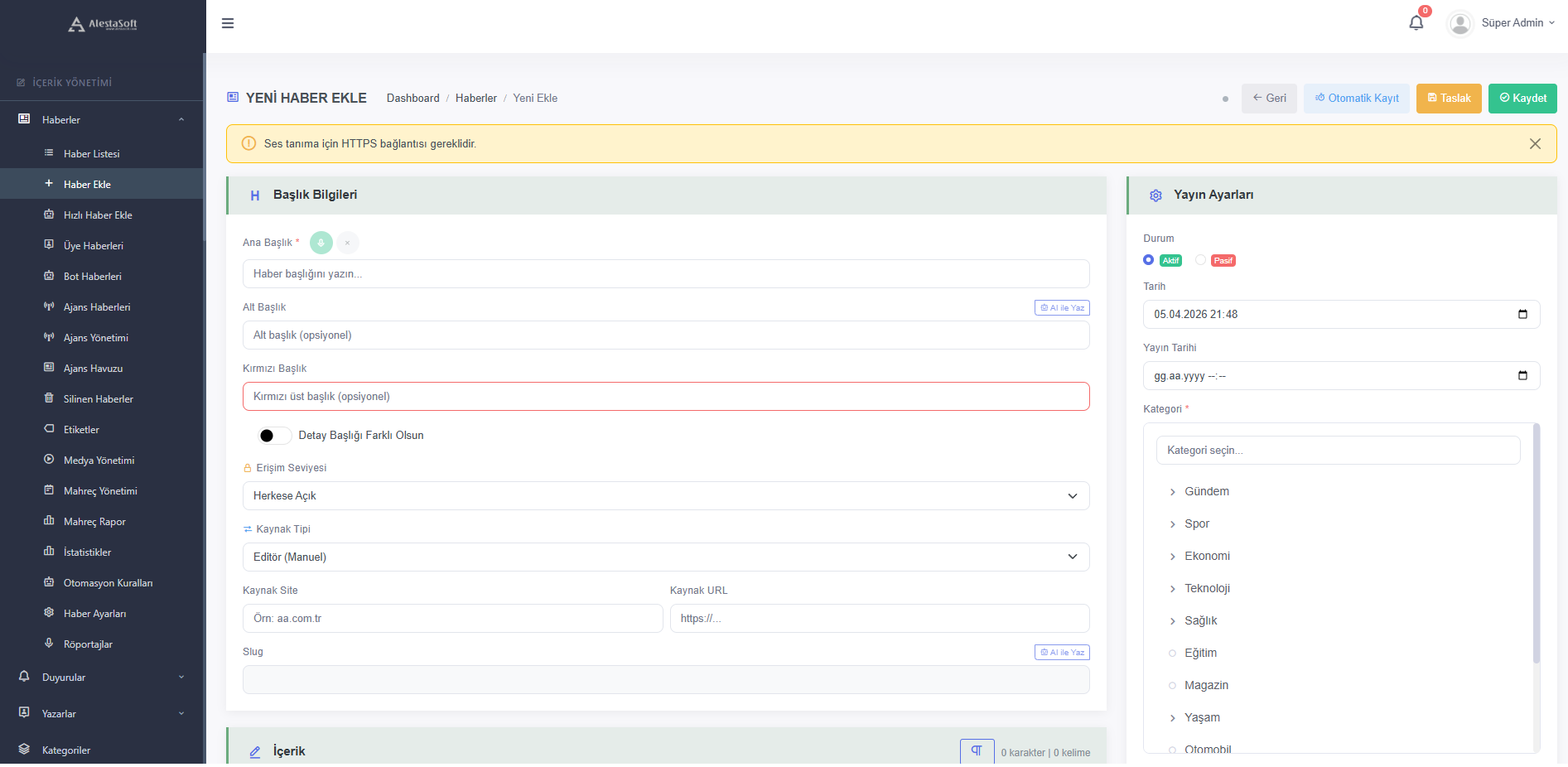 Haber Ekleme - yeni haber oluşturma ekranı
