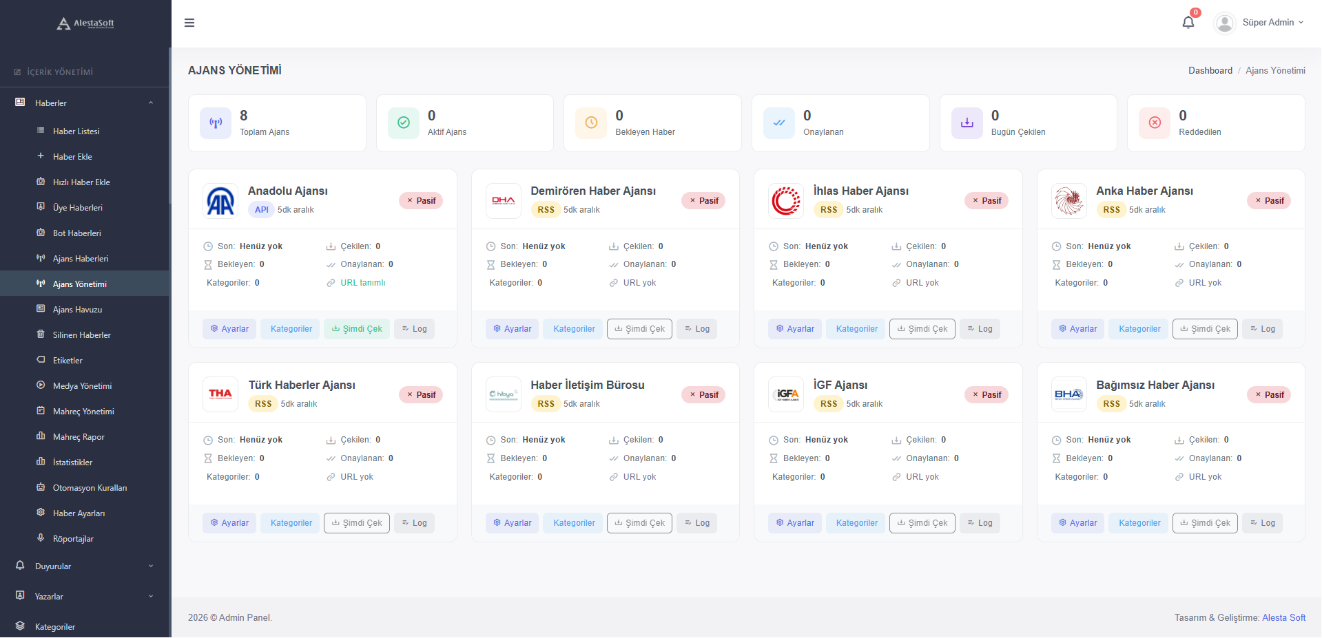 Ajans Yönetimi - haber ajansları entegrasyon ekranı