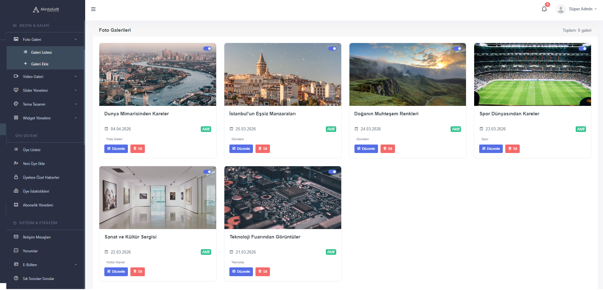 Galeri Yönetimi - fotoğraf galerileri ekranı
